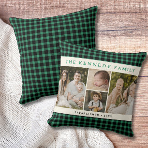 Green Plaid 4 Photo Collage Family Name Farmhouse Cushion