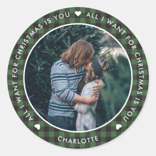 Green Plaid All I Want for Christmas Is You Classic Round Sticker