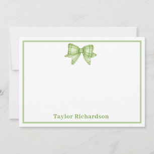 Green Plaid and Bow Personalised Name Note Card