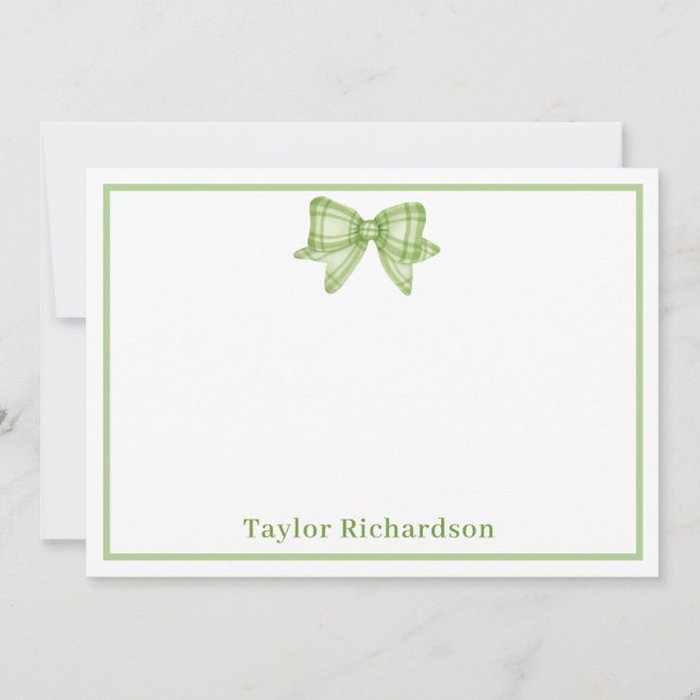 Green Plaid and Bow Personalised Name Note Card (Front)