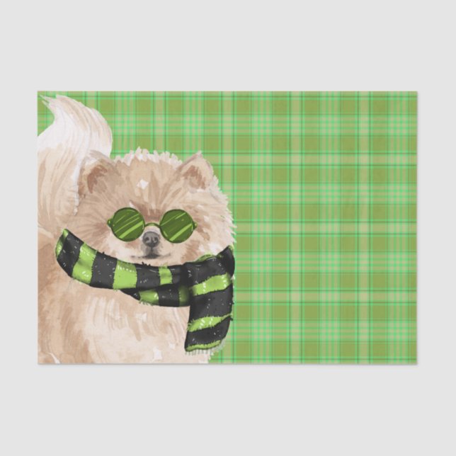 Green Plaid and Christmas Pomeranian Dog Tissue Paper (Front)