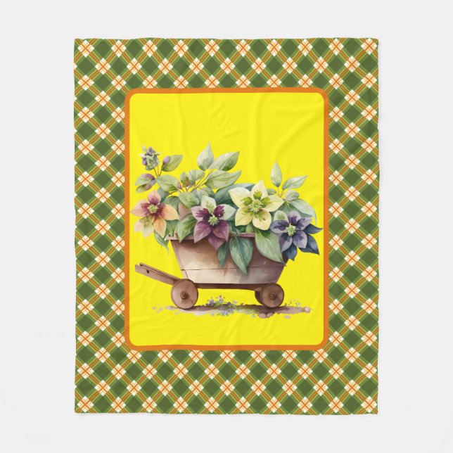 Green Plaid And Floral Fleece Blanket (Front)