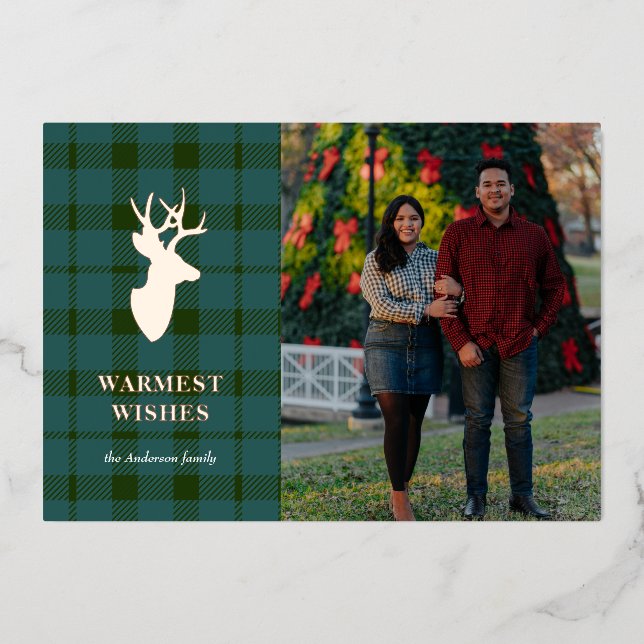 Green Plaid and Rose Gold Deer Foil Holiday Card (Front)
