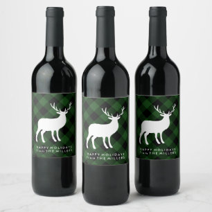 Green Plaid and White Stag Holiday Wine Label