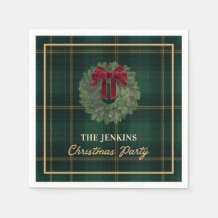 Green Plaid and Wreath Christmas Party Napkin