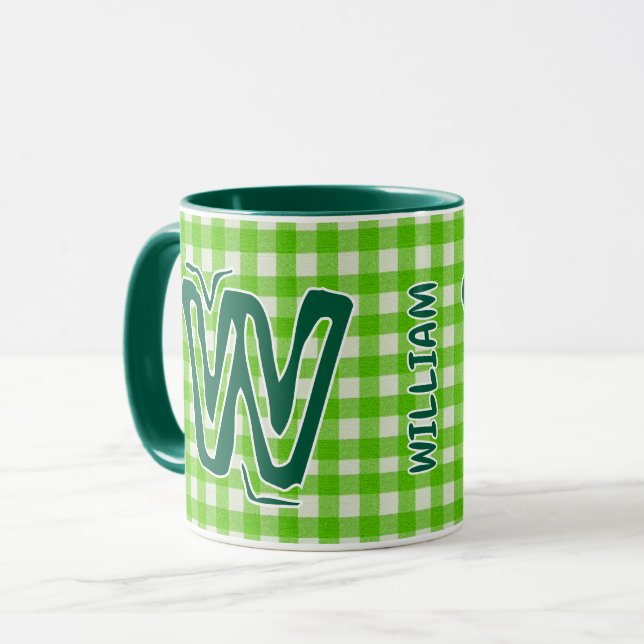 Green Plaid (Antique Monogram Name) Vintage Coffee Mug (Front Left)
