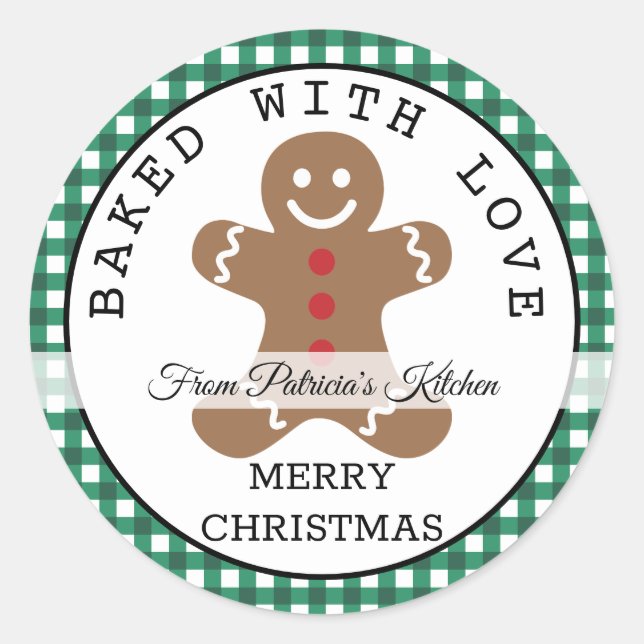 Green Plaid Baked With Love Christmas Cookies Classic Round Sticker (Front)