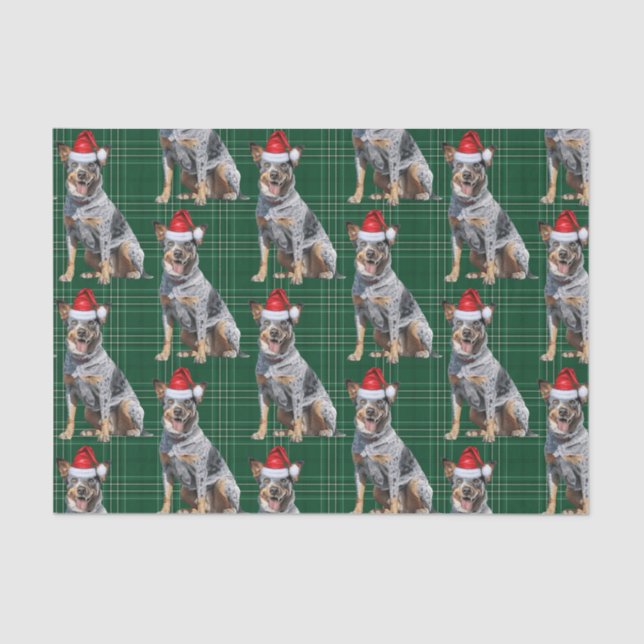 Green Plaid Blue Heeler Dog Christmas Holiday Tissue Paper (Front)