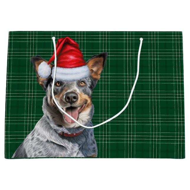 Green Plaid Blue Heeler Dog Lover Holiday Large Gift Bag (Front)