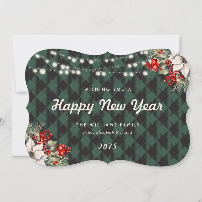 Green Plaid Botanical String Lights New Year Card (Front)