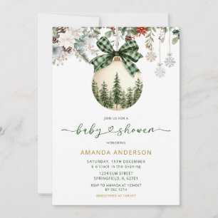 Green Plaid Bow Floral Winter Ornament Baby Shower Invitation