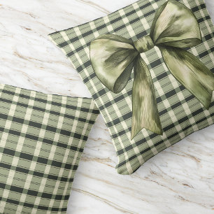 Green Plaid Bow Modern Rustic Farmhouse Olive Cushion