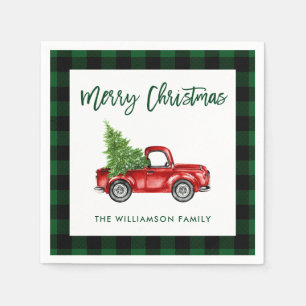 Green Plaid Brush Script Christmas Vintage Truck Napkin