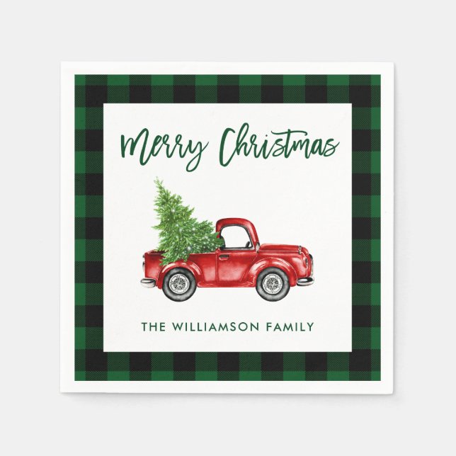 Green Plaid Brush Script Christmas Vintage Truck Napkin (Front)