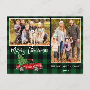 Green Plaid Brush Script Truck 2 Photo Christmas Postcard