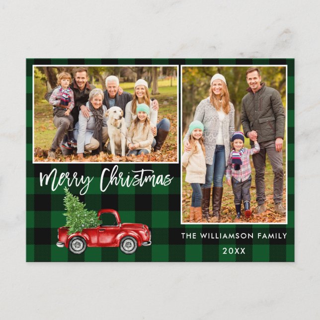 Green Plaid Brush Script Truck 2 Photo Christmas Postcard (Front)