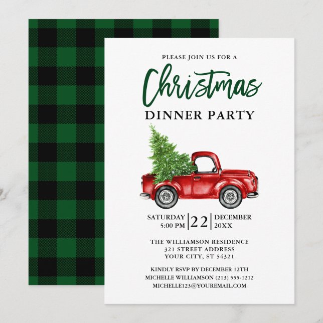 Green Plaid Brush Script Truck Christmas Party Invitation (Front/Back)