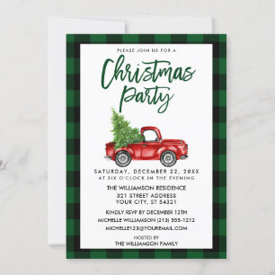 Green Plaid Brush Script Truck Christmas Party Invitation
