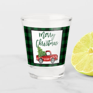 Green Plaid Brush Script Vintage Truck Christmas Shot Glass