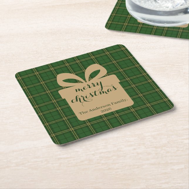 Green Plaid Christmas Festive Pattern -  Square Paper Coaster (Angled)