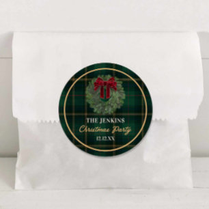 Green Plaid Christmas Party Favour Sticker
