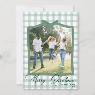 Green Plaid Christmas Photo Cards with Ribbon Bow