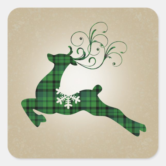 Green Plaid Christmas Reindeer Square Sticker (Front)
