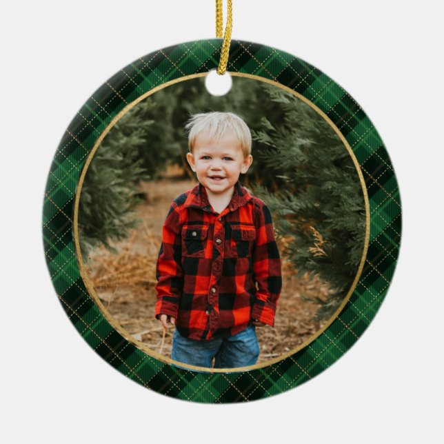 Green Plaid Christmas Script Photo Ornament (Front)
