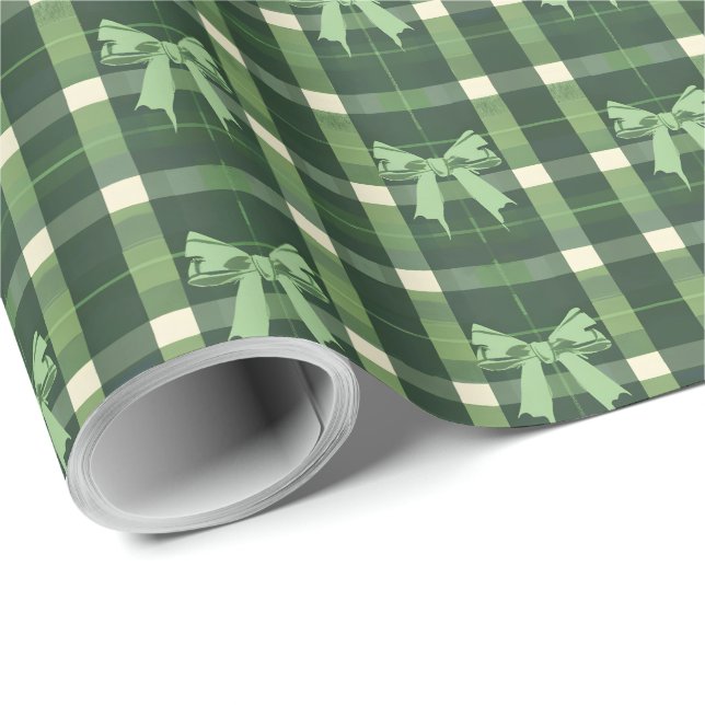 Green Plaid Coquette Bow Christmas Wrapping Paper (Roll Corner)