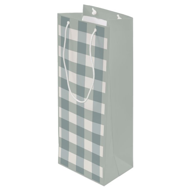 Green Plaid Country Farmhouse Gingham Simple Wine Gift Bag (Back Angled)