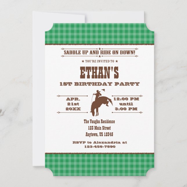 Green Plaid Cowboy Rodeo Birthday Invitation (Front)