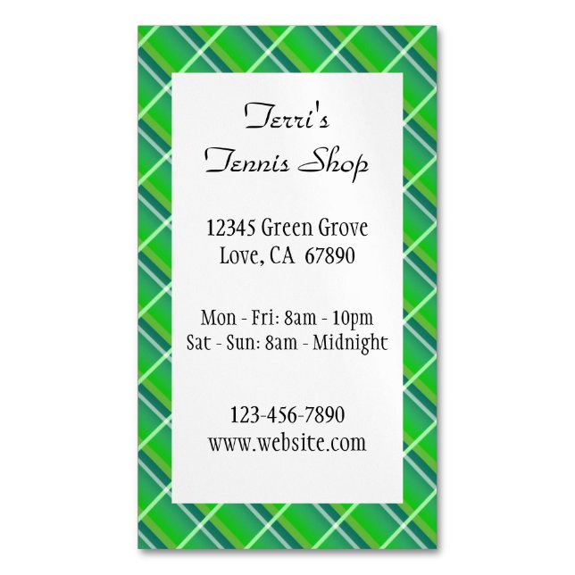 Green Plaid Custom Small Business Magnetic Card (Front Vertical)