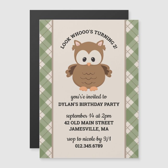Green Plaid Cute Retro Owl Birthday Magnetic Invitation (Front/Back)