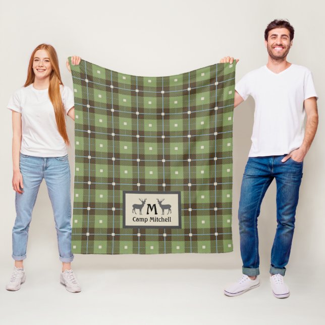 Green Plaid Deer Cabin Fleece Blanket (In Situ)