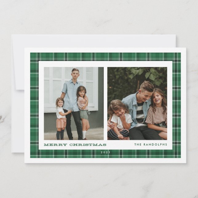 Green Plaid Double Photo Christmas Holiday Card (Front)