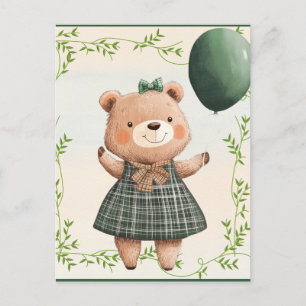 Green Plaid Dress Bear with Hair Bow Postcard