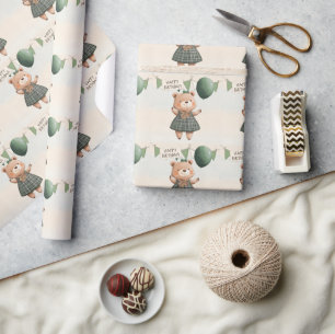 Green Plaid Dress Bear with Hair Bow Wrapping Paper