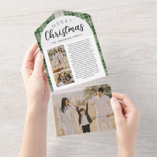 Green Plaid Family Christmas Photo Cards Trifold (Tearaway)