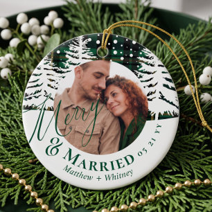 Green Plaid Festive First Christmas Married Photo Ceramic Tree Decoration
