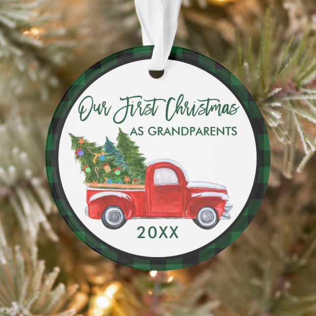 Green Plaid First Christmas as Grandparents Truck Ornament (Tree)