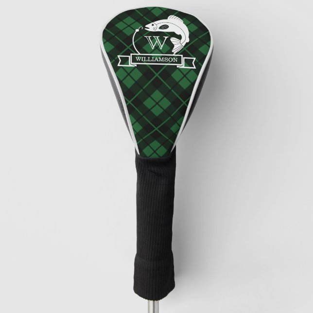 Green Plaid Fish & Hook Monogram Golf Head Cover (Front)