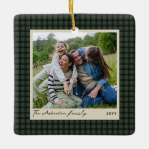 Green plaid frame simple photo Christmas Ceramic Ornament