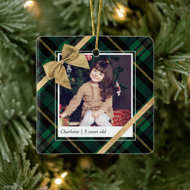 Green Plaid Gift Wrapped & Gold Bow Present Photo Ceramic Ornament (Tree)