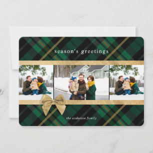 Green Plaid Gift Wrapped & Gold Bow Present Photo Holiday Card