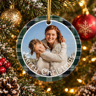 Green Plaid Gingham Family Photo Merry Christmas Ceramic Tree Decoration