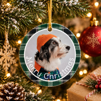 Green Plaid Gingham Playful Pets Photo Christmas Ceramic Tree Decoration