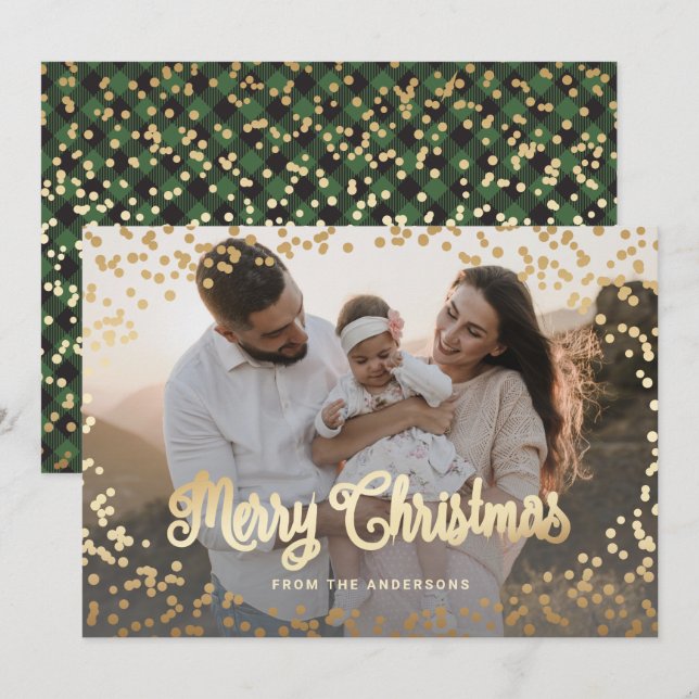 Green  Plaid Gold Foil Photo Christmas Cards (Front/Back)