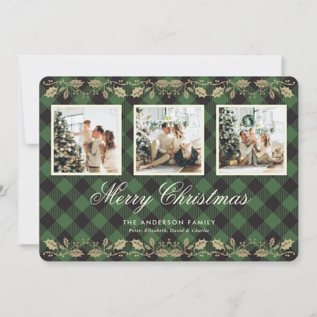 Green Plaid Gold Holly Photo Merry Christmas Card (Front)