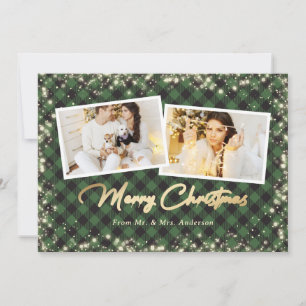 Green Plaid Gold Newlyweds Photo Merry Christmas Holiday Card