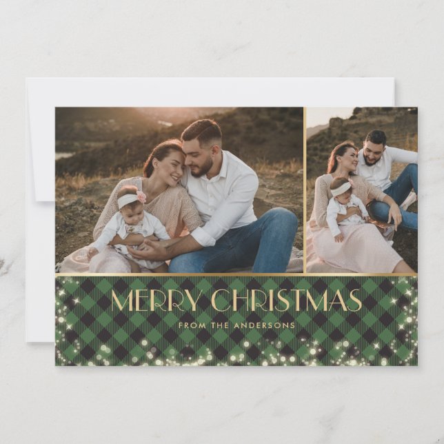 Green Plaid Gold Photo Sparkly Merry Christmas Holiday Card (Front)